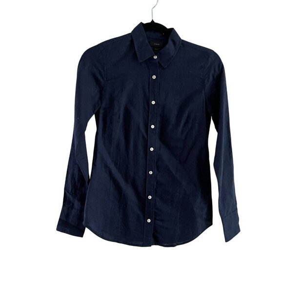 J.Crew Wmn 000 Navy Blue Linen Cotton Long Sleeve Button Front Perfect Shirt NWT - Picture 2 of 12